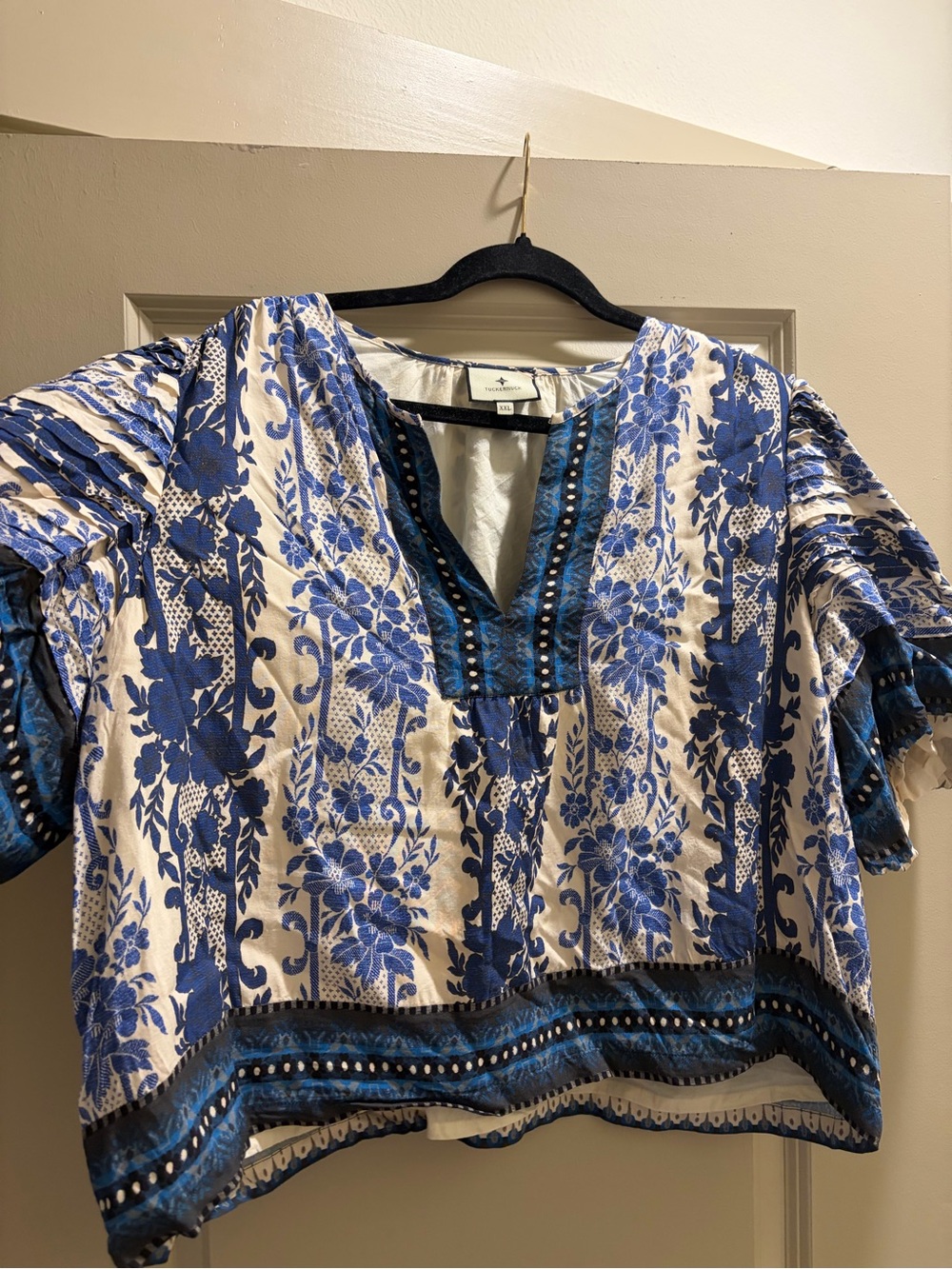 Tuckernuck Blue and White Floral V-Neck Blouse
